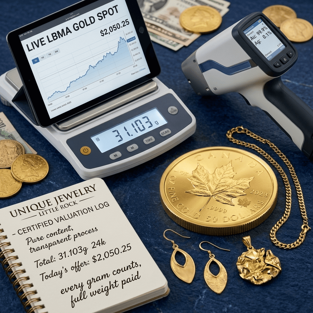 Sell scrap gold Little Rock — broken jewelry, dental gold, chains and rings assessed at Unique Jewelry Park Plaza