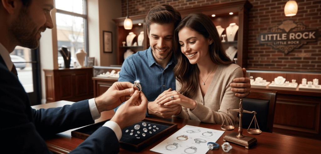 Engagement rings Little Rock — diamond and moissanite solitaire rings displayed at Unique Jewelry Park Plaza