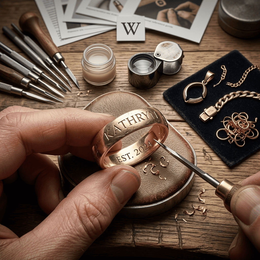 Custom engraving Little Rock — jeweler engraving a gold ring with personalized text at Unique Jewelry Park Plaza