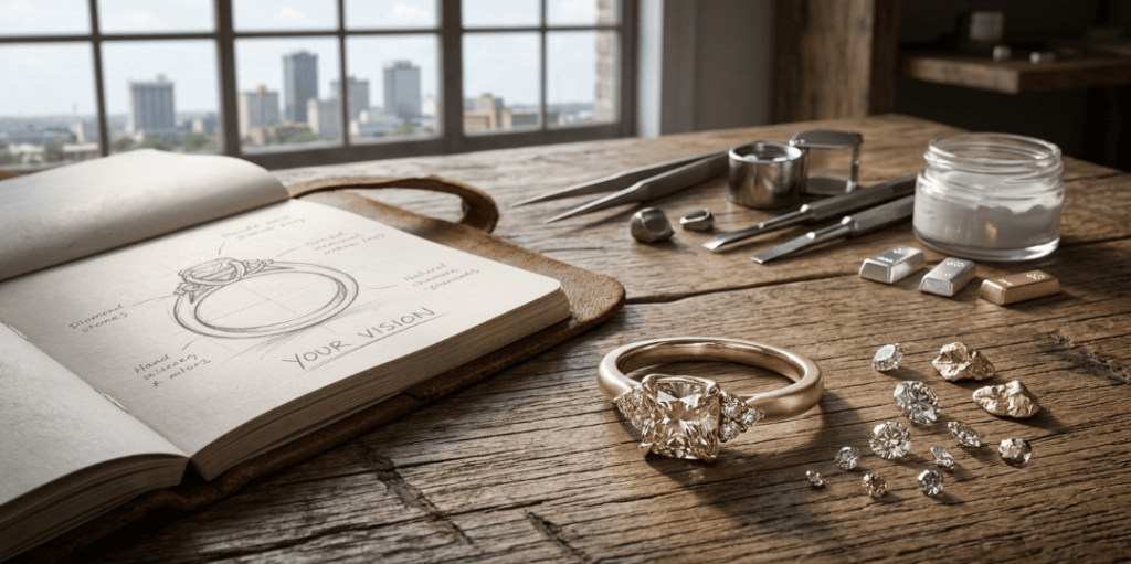 Custom jewelry Little Rock — bespoke gold ring and diamond pendant designed at Unique Jewelry Park Plaza