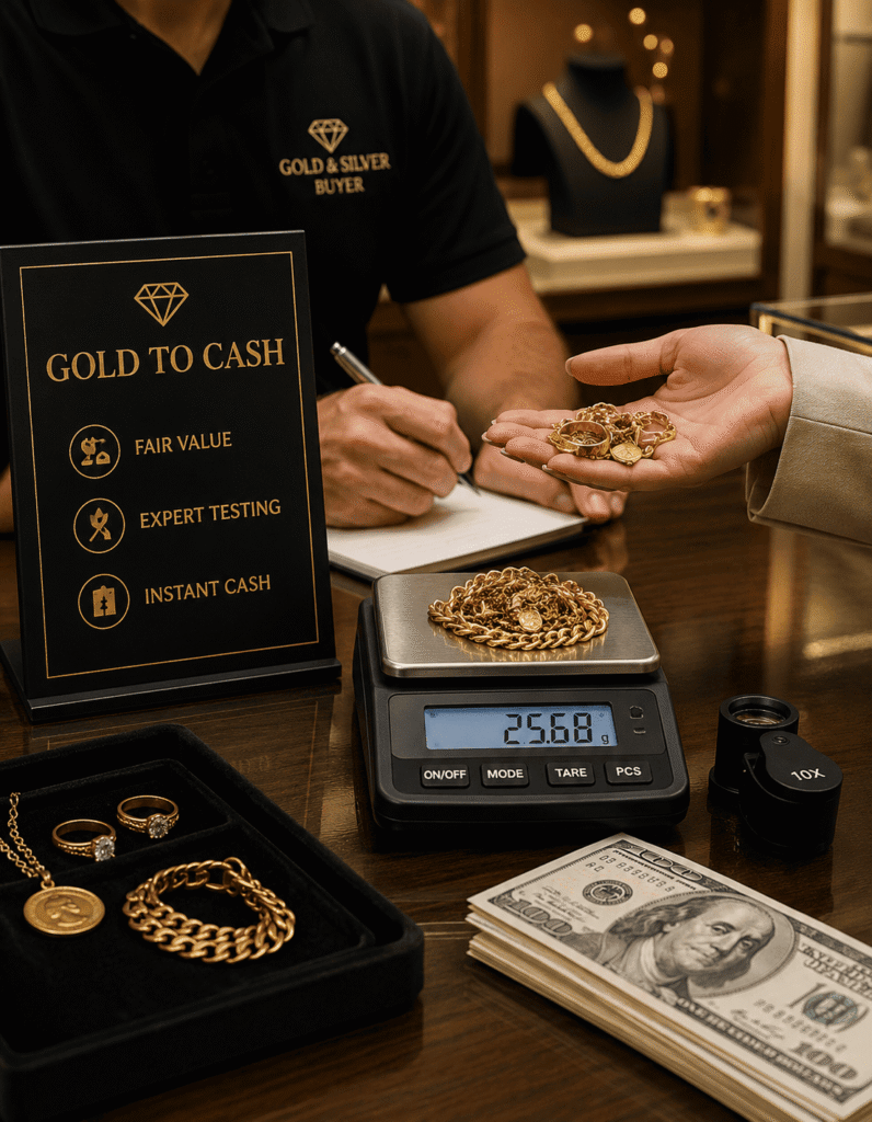Convert gold to cash Little Rock — XRF purity testing, calibrated weighing, and live LBMA spot price at Unique Jewelry Park Plaza