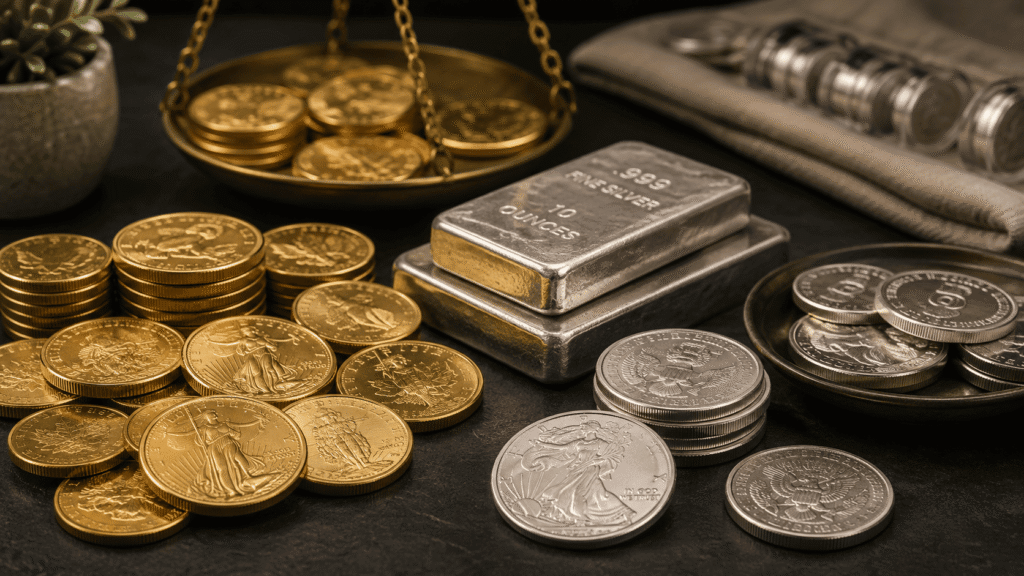 coin buyers near me in little rock examining a collection of gold and silver coins