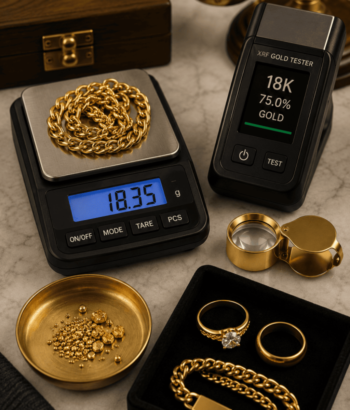 Convert gold to cash Little Rock — calibrated scale weighing and XRF purity test at Unique Jewelry Park Plaza