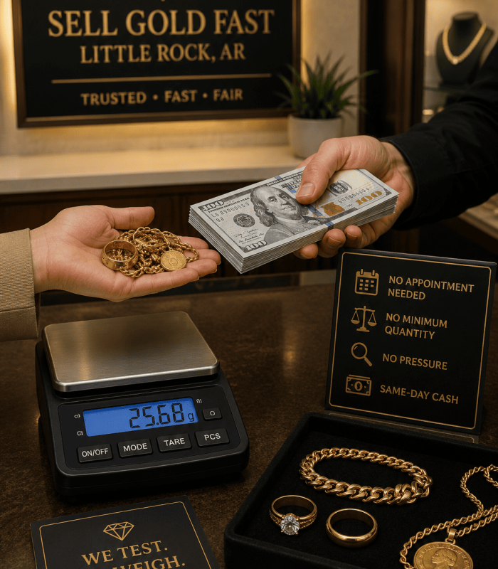 Sell gold fast Little Rock AR — XRF purity testing, calibrated weighing, live LBMA spot price at Unique Jewelry Park Plaza