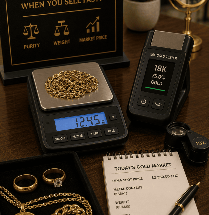 Sell gold fast Little Rock AR — calibrated scale weighing and XRF purity testing at Unique Jewelry Park Plaza
