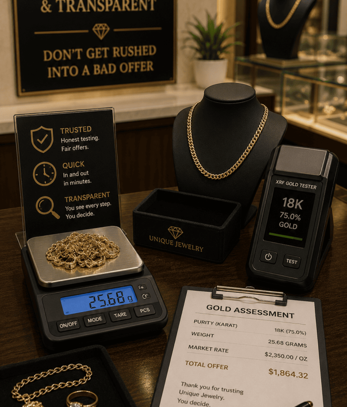 Sell gold fast Little Rock AR safely — transparent valuation, XRF testing, and written offer at Unique Jewelry Park Plaza