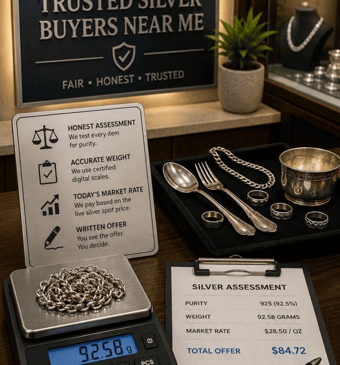 Silver buyers near me in Little Rock AR — sterling silver jewelry, flatware, and coins assessed at Unique Jewelry Park Plaza
