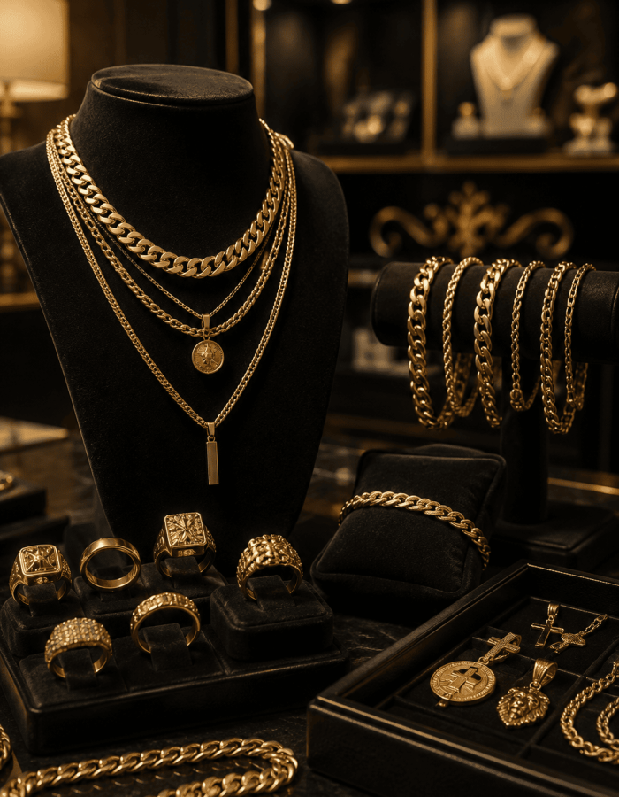 Gen Z jewelry Little Rock featuring trendy rings, layered necklaces, and modern gold jewelry.