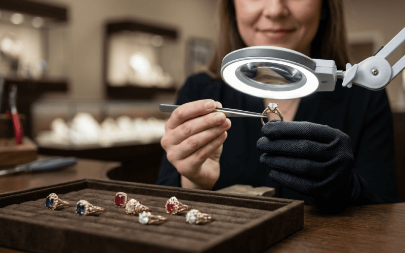 A professional gemmologist using a magnifying lamp and tweezers to inspect a diamond gold ring, demonstrating expert valuation and gemstone transparency at Unique Jewelry.